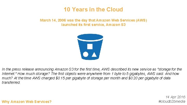 10 Years in the Cloud March 14, 2006 was the day that Amazon Web