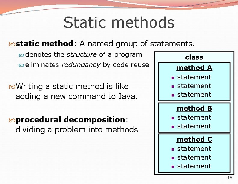 Static methods static method: A named group of statements. denotes the structure of a Static methods static method: A named group of statements. denotes the structure of a