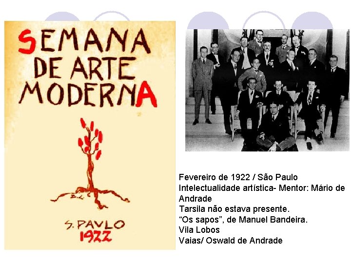 Fevereiro de 1922 / São Paulo Intelectualidade artística- Mentor: Mário de Andrade Tarsila não