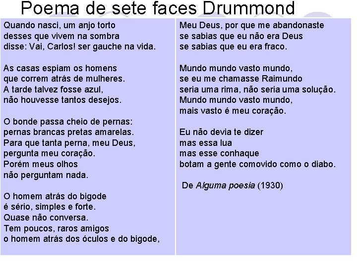 Poema de sete faces Drummond Quando nasci, um anjo torto desses que vivem na