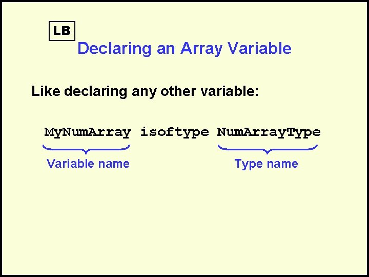 LB Declaring an Array Variable Like declaring any other variable: My. Num. Array isoftype