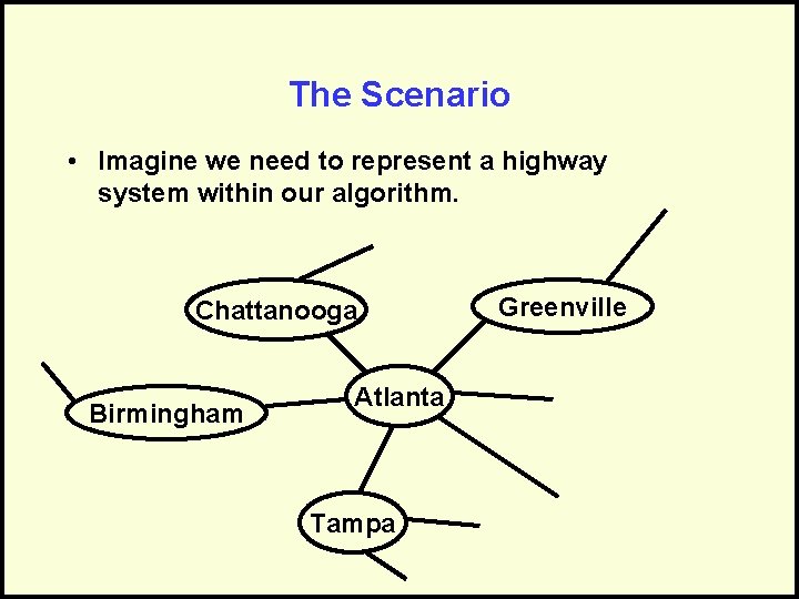 The Scenario • Imagine we need to represent a highway system within our algorithm.