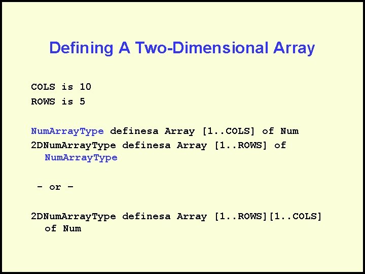 Defining A Two-Dimensional Array COLS is 10 ROWS is 5 Num. Array. Type definesa