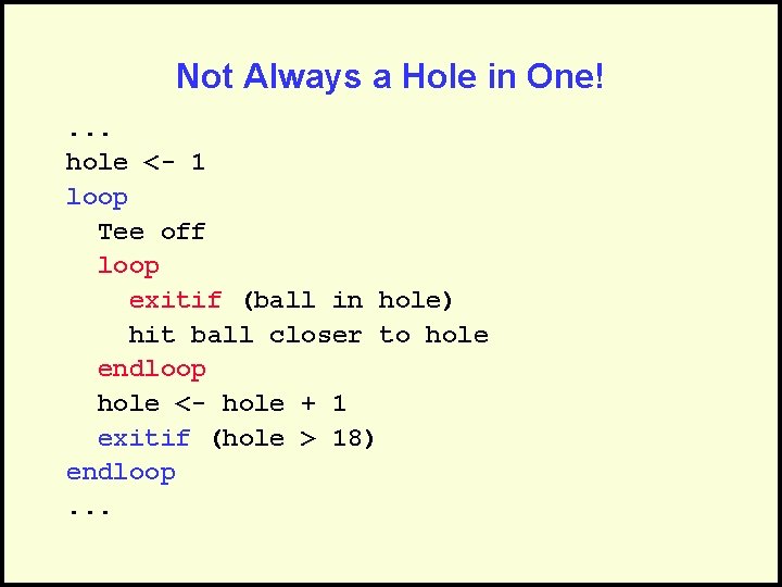 Not Always a Hole in One!. . . hole <- 1 loop Tee off