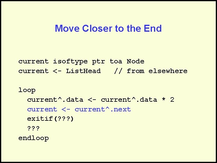 Move Closer to the End current isoftype ptr toa Node current <- List. Head