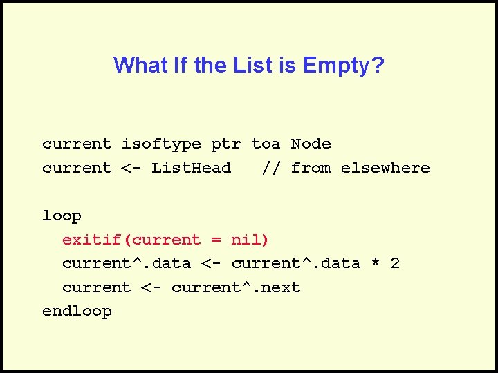 What If the List is Empty? current isoftype ptr toa Node current <- List.