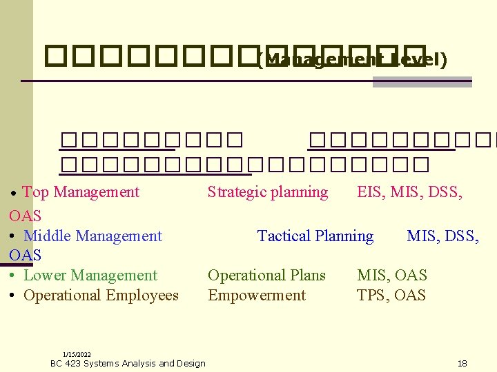 ������� (Management Level) ���������� • Top Management OAS • Middle Management OAS • Lower