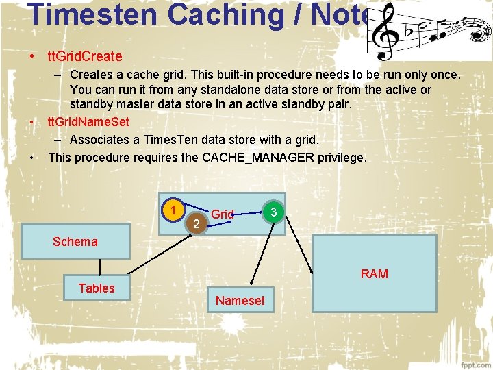 Timesten Caching / Notes • tt. Grid. Create • • – Creates a cache