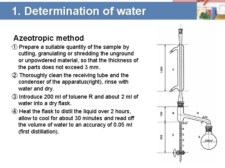 1. Determination of water Azeotropic method ① Prepare a suitable quantity of the sample