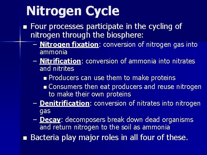 Nitrogen Cycle n Four processes participate in the cycling of nitrogen through the biosphere: