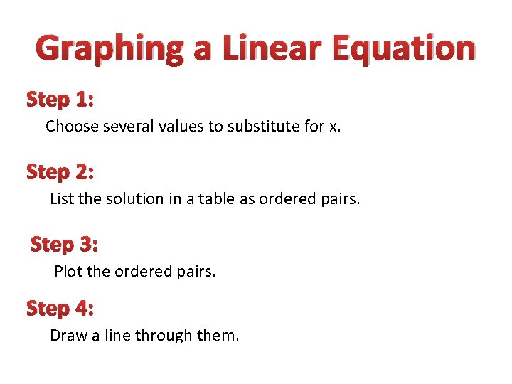 Graphing a Linear Equation Step 1: Choose several values to substitute for x. Step Graphing a Linear Equation Step 1: Choose several values to substitute for x. Step