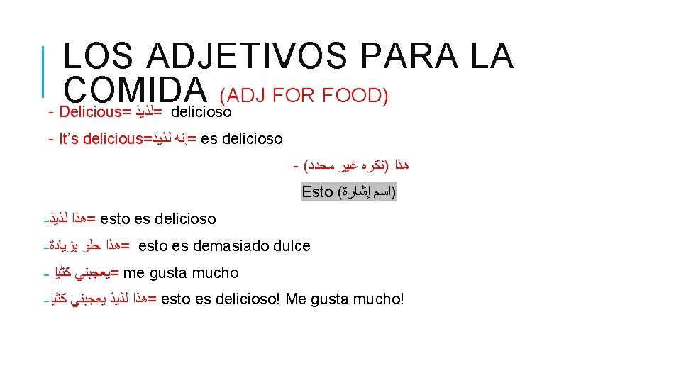 LOS ADJETIVOS PARA LA COMIDA (ADJ FOR FOOD) - Delicious= =ﻟﺬﻳﺬ delicioso - It’s