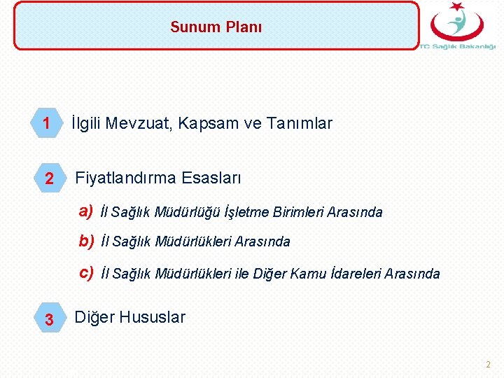 Sunum Planı 1 İlgili Mevzuat, Kapsam ve Tanımlar 2 Fiyatlandırma Esasları a) İl Sağlık