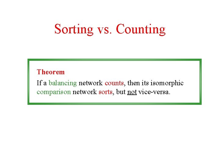 Sorting vs. Counting Theorem If a balancing network counts, then its isomorphic comparison network