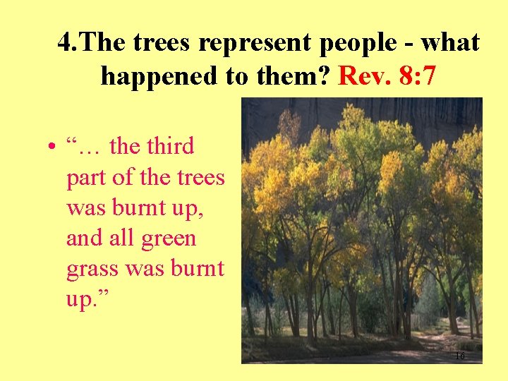 4. The trees represent people - what happened to them? Rev. 8: 7 •