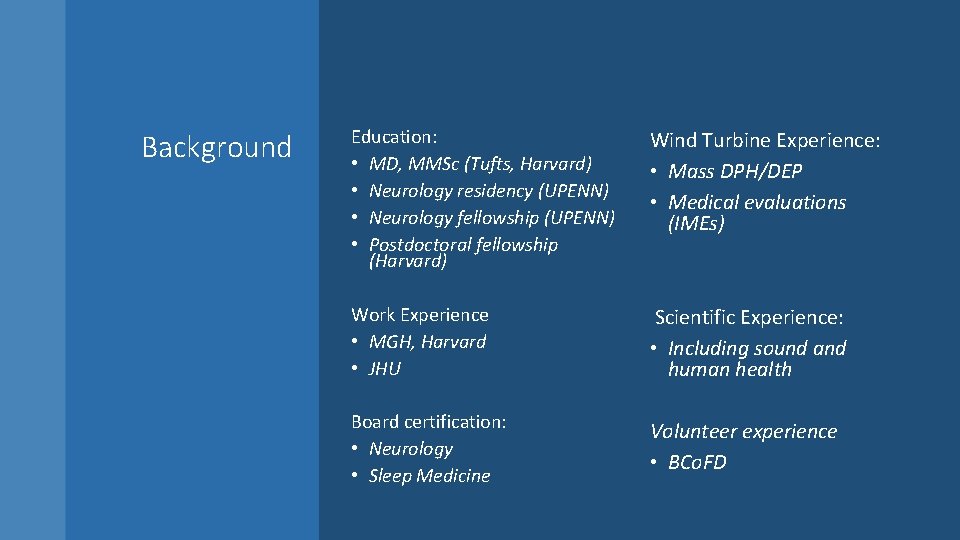 Background Education: • MD, MMSc (Tufts, Harvard) • Neurology residency (UPENN) • Neurology fellowship
