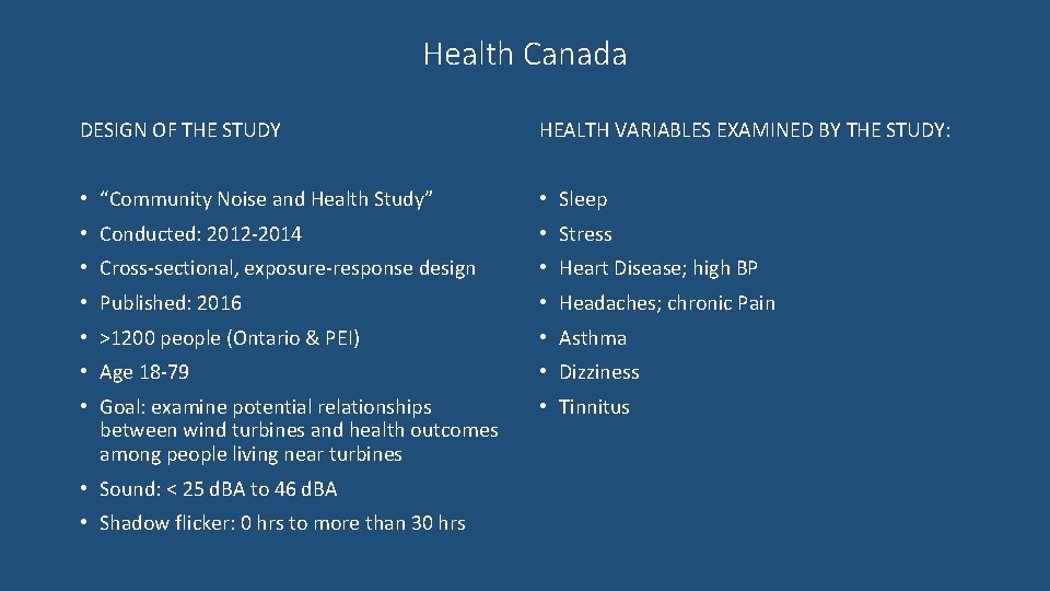Health Canada DESIGN OF THE STUDY HEALTH VARIABLES EXAMINED BY THE STUDY: • “Community