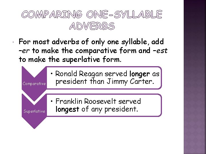  For most adverbs of only one syllable, add –er to make the comparative