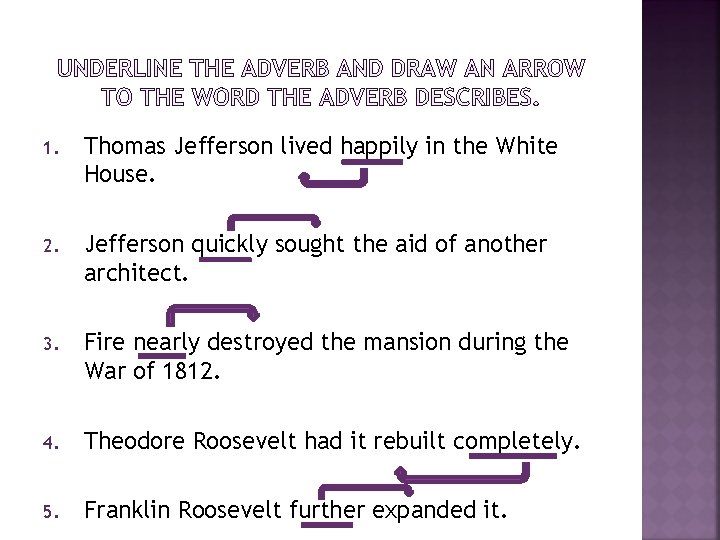 1. Thomas Jefferson lived happily in the White House. 2. Jefferson quickly sought the