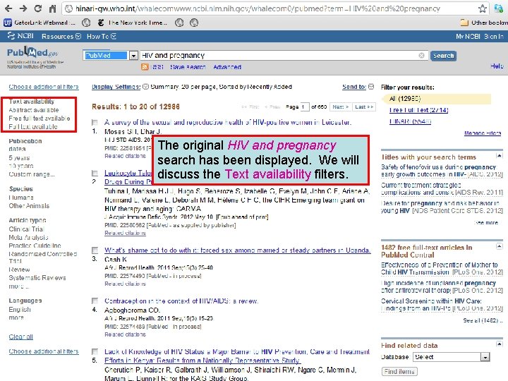 The original HIV and pregnancy search has been displayed. We will discuss the Text