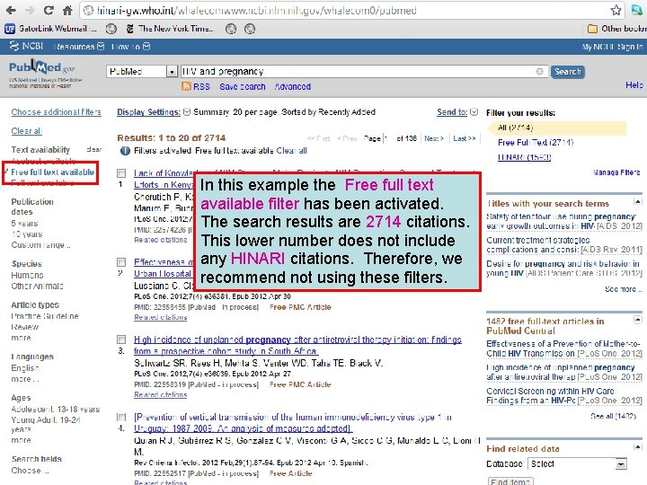 In this example the Free full text available filter has been activated. The search