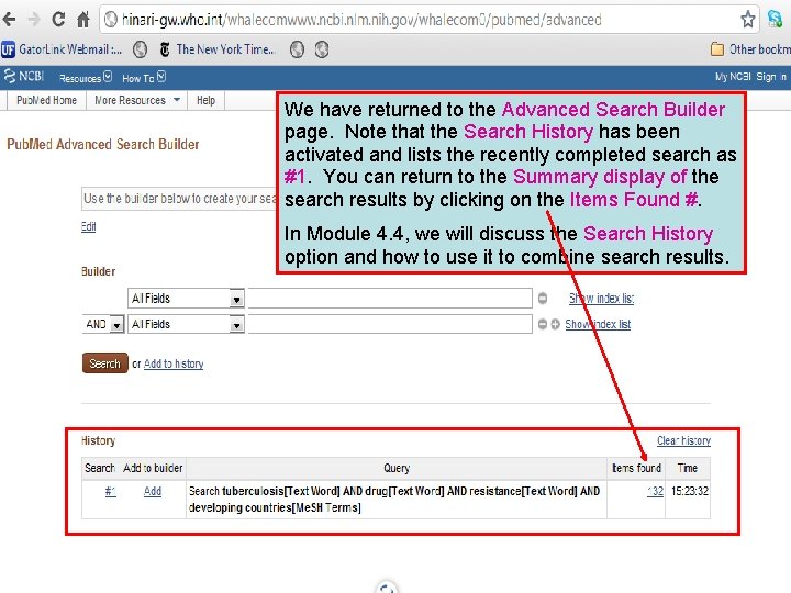 We have returned to the Advanced Search Builder page. Note that the Search History