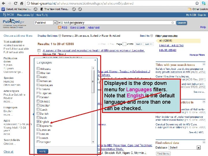 Displayed is the drop down menu for Languages filters. Note that English is the