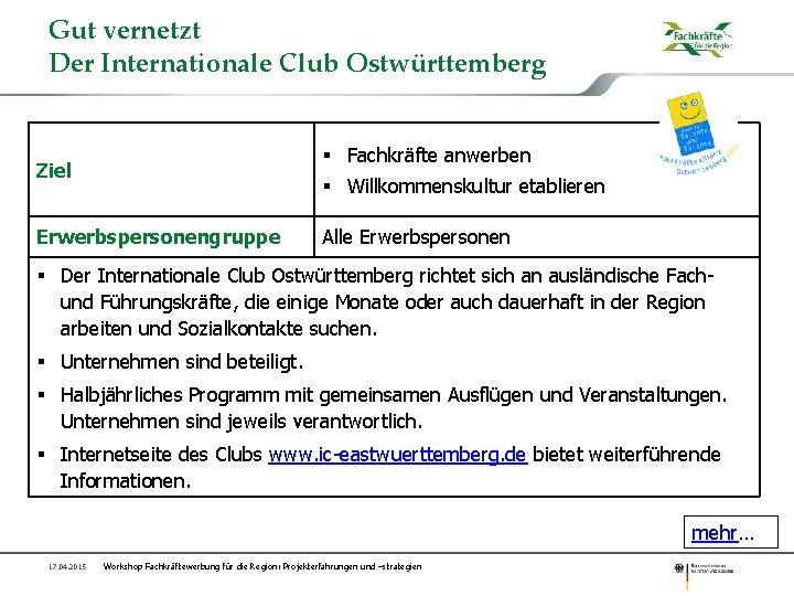 Gut vernetzt Der Internationale Club Ostwürttemberg § Fachkräfte anwerben Ziel § Willkommenskultur etablieren Erwerbspersonengruppe