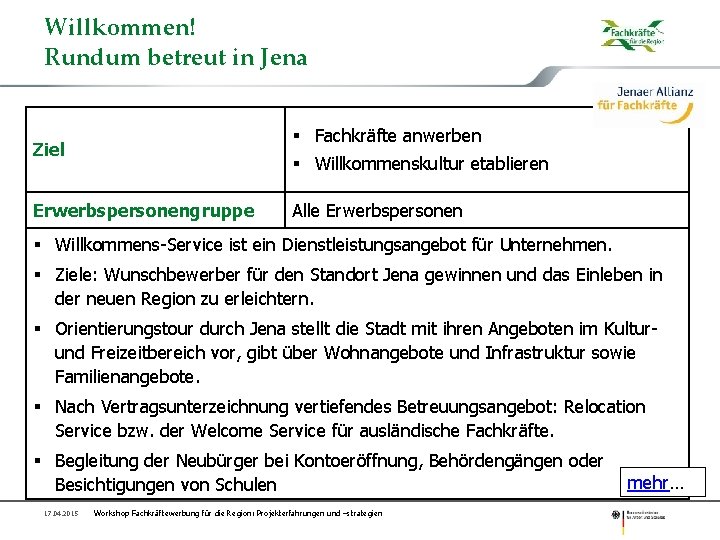 Willkommen! Rundum betreut in Jena § Fachkräfte anwerben Ziel § Willkommenskultur etablieren Erwerbspersonengruppe Alle