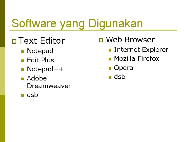 Software yang Digunakan Text Editor Notepad Edit Plus Notepad++ Adobe Dreamweaver dsb Web Browser