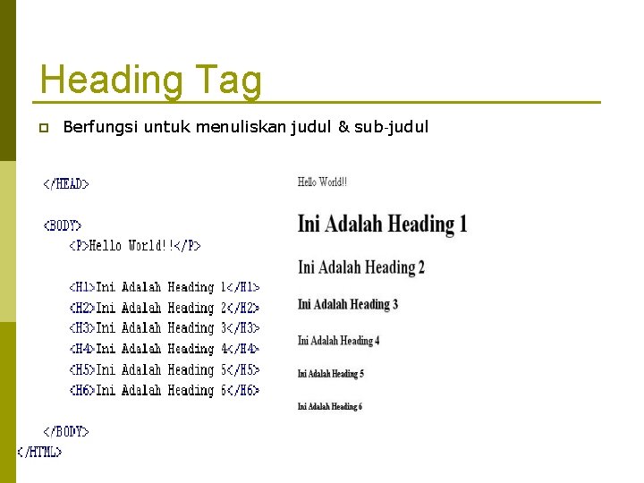 Heading Tag Berfungsi untuk menuliskan judul & sub‐judul 