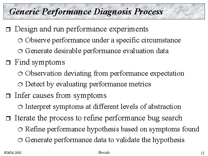 Generic Performance Diagnosis Process r Design and run performance experiments r Find symptoms r