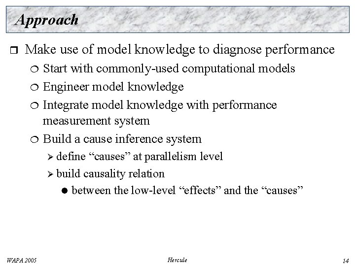 Approach r Make use of model knowledge to diagnose performance Start with commonly-used computational