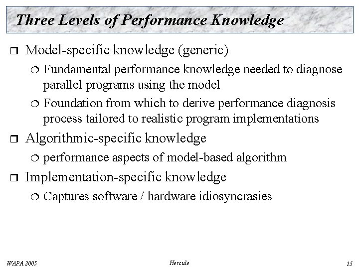 Three Levels of Performance Knowledge r Model-specific knowledge (generic) r Algorithmic-specific knowledge r Fundamental