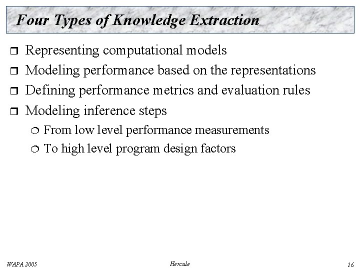 Four Types of Knowledge Extraction r r Representing computational models Modeling performance based on