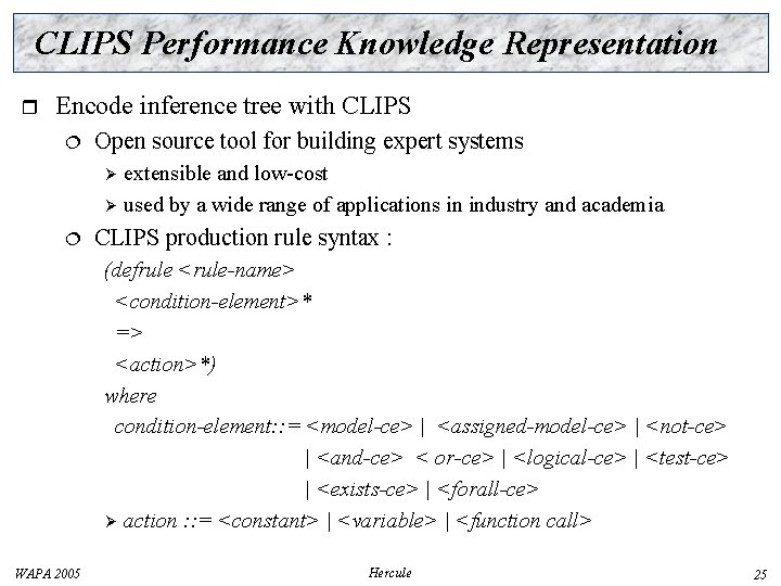 CLIPS Performance Knowledge Representation r Encode inference tree with CLIPS Open source tool for