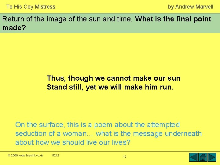 To His Coy Mistress by Andrew Marvell Return of the image of the sun