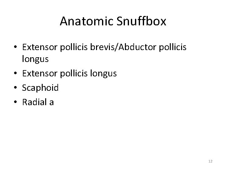 Anatomic Snuffbox • Extensor pollicis brevis/Abductor pollicis longus • Extensor pollicis longus • Scaphoid