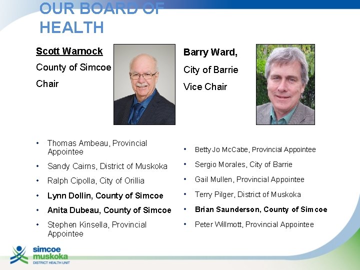 OUR BOARD OF HEALTH Scott Warnock Barry Ward, County of Simcoe City of Barrie