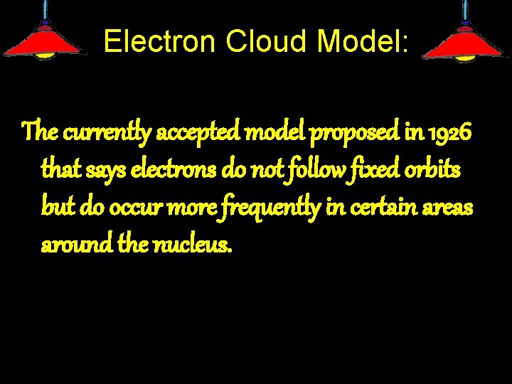 Electron Cloud Model: The currently accepted model proposed in 1926 that says electrons do