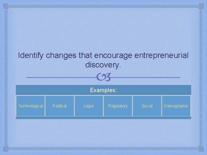 Identify changes that encourage entrepreneurial discovery. Examples: Technological Political Legal Regulatory Social Demographic 