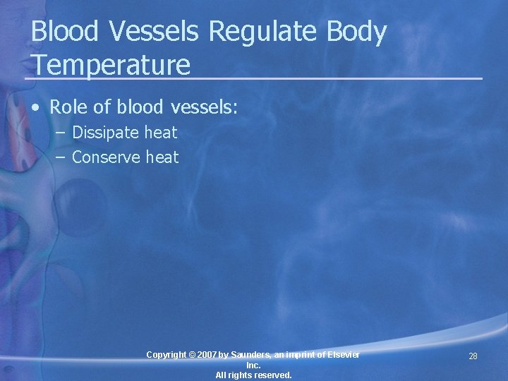 Blood Vessels Regulate Body Temperature • Role of blood vessels: – Dissipate heat –