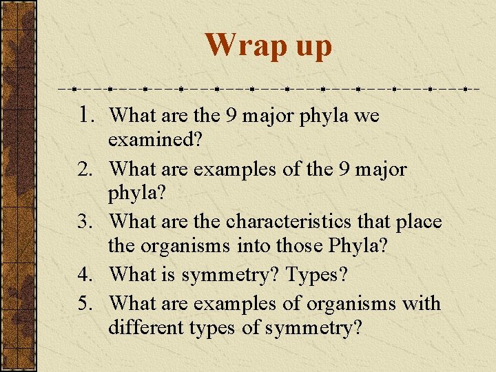Wrap up 1. What are the 9 major phyla we 2. 3. 4. 5.