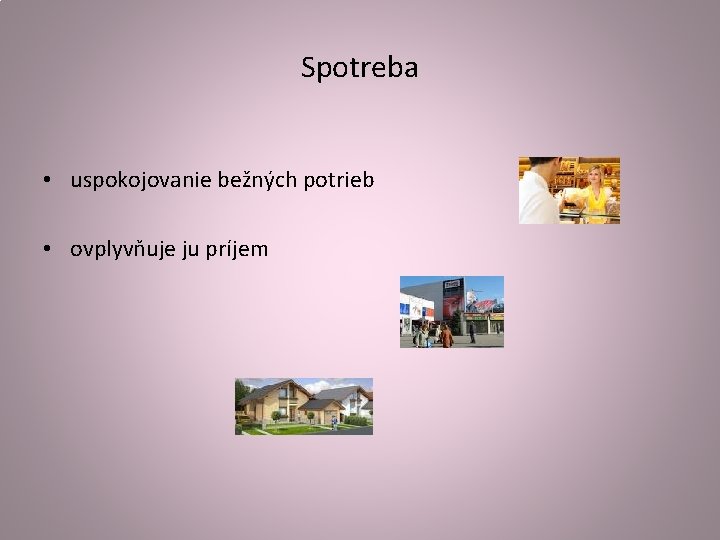 Spotreba • uspokojovanie bežných potrieb • ovplyvňuje ju príjem 