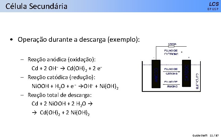 Célula Secundária LCS EPUSP • Operação durante a descarga (exemplo): – Reação anódica (oxidação):