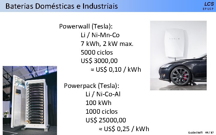 Baterias Domésticas e Industriais LCS EPUSP Powerwall (Tesla): Li / Ni-Mn-Co 7 k. Wh,