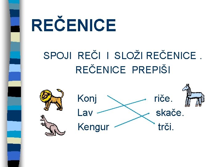 REČENICE SPOJI REČI I SLOŽI REČENICE PREPIŠI Konj Lav Kengur riče. skače. trči. 