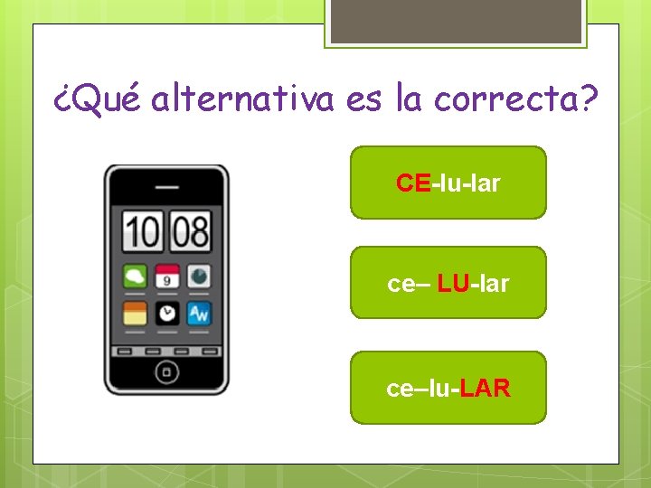 ¿Qué alternativa es la correcta? CE-lu-lar ce– LU-lar ce–lu-LAR 