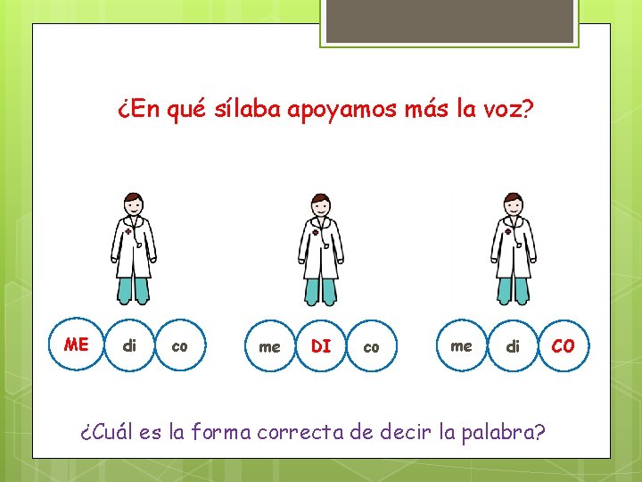 ¿En qué sílaba apoyamos más la voz? ME di co me DI co me