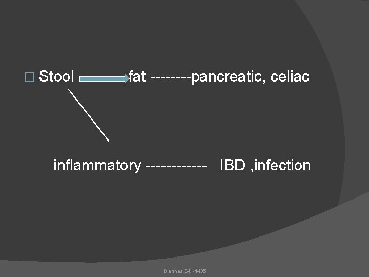 � Stool ----- fat ----pancreatic, celiac inflammatory ------ IBD , infection Dierrhea 341 -1435